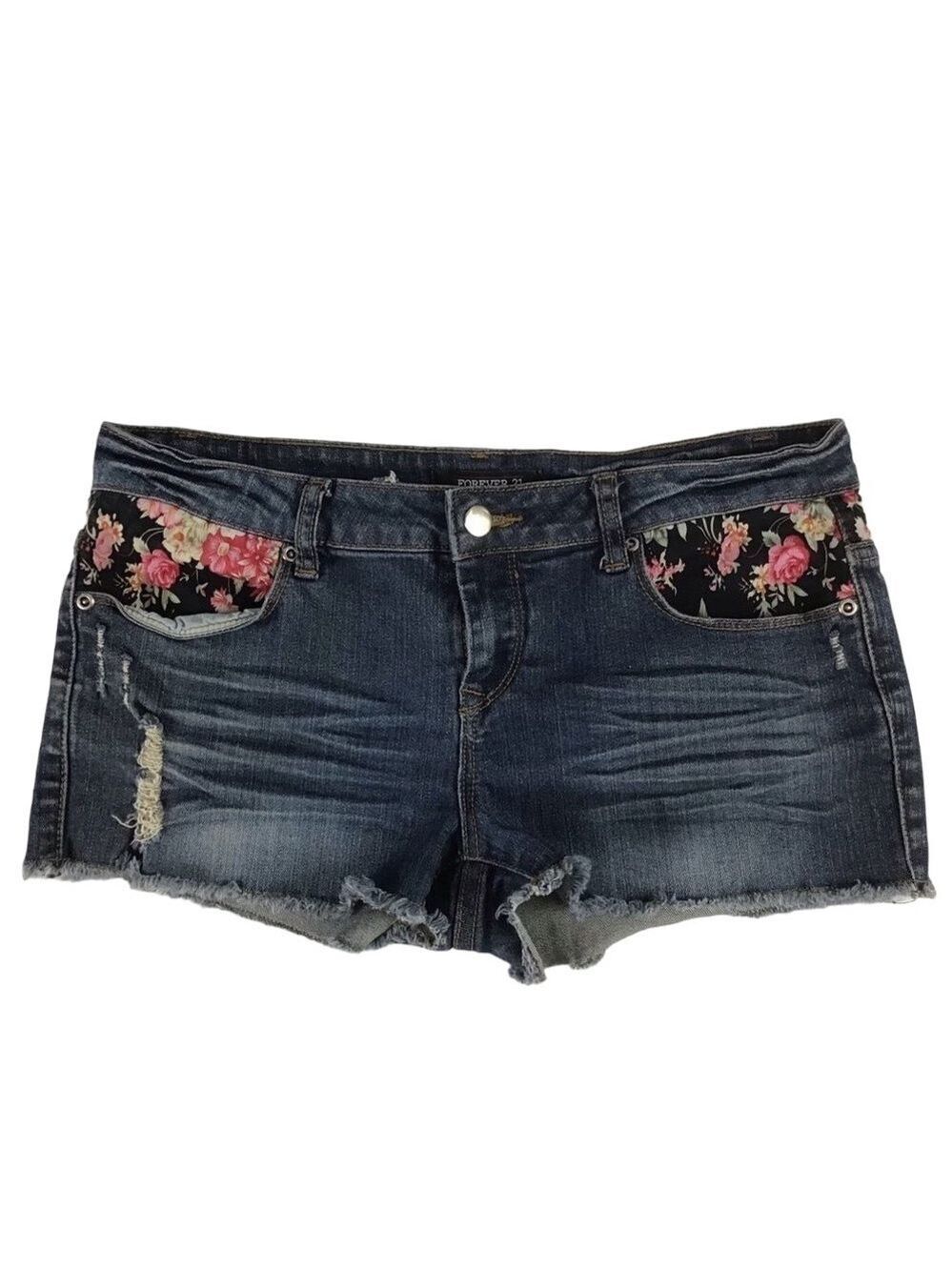 FOREVER 21 embroidered jeans denim mini shorts jorts floral embroiderie low rise
